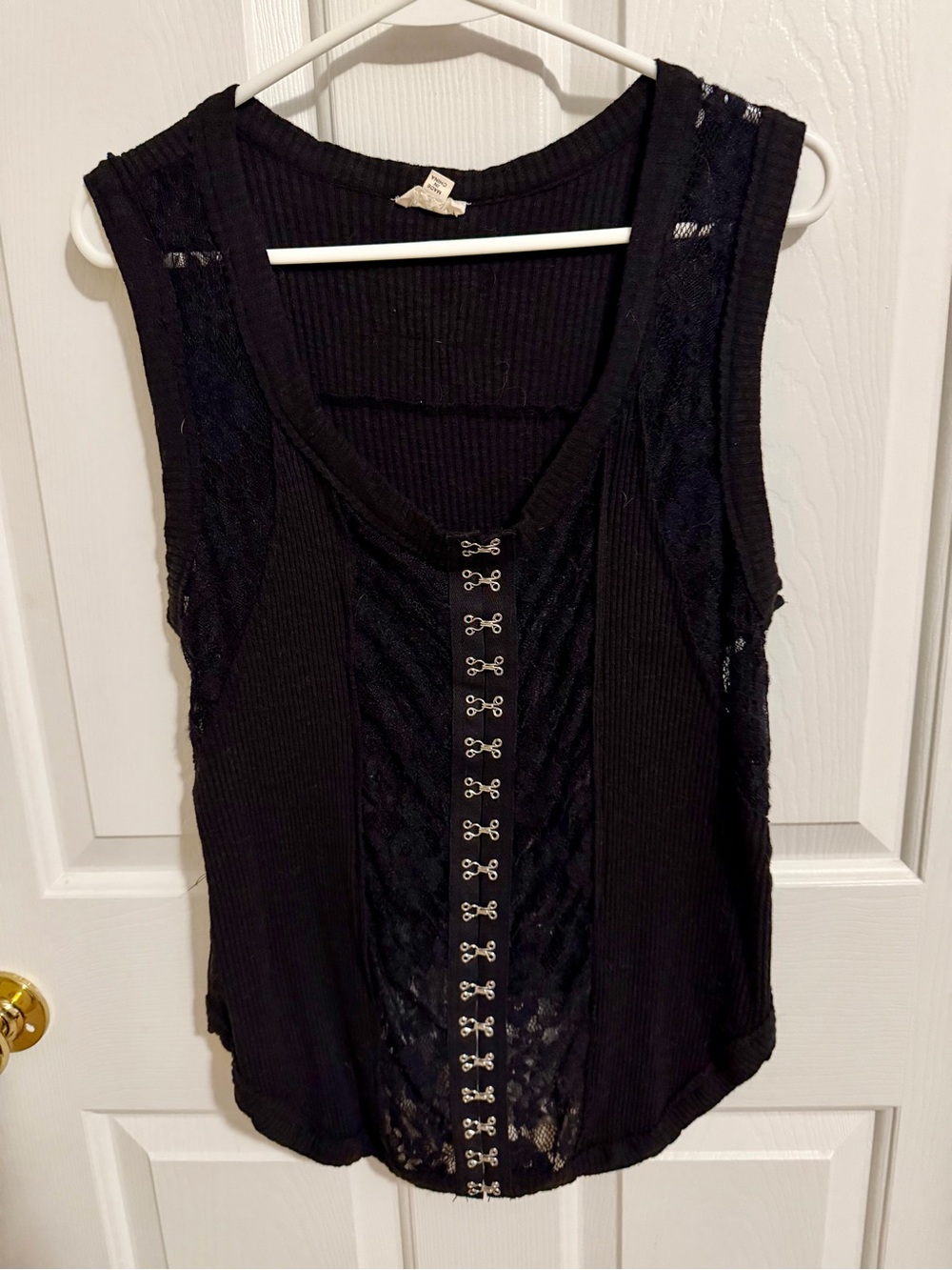 POL Black Lace-Panel Hook & Eye Tank Top